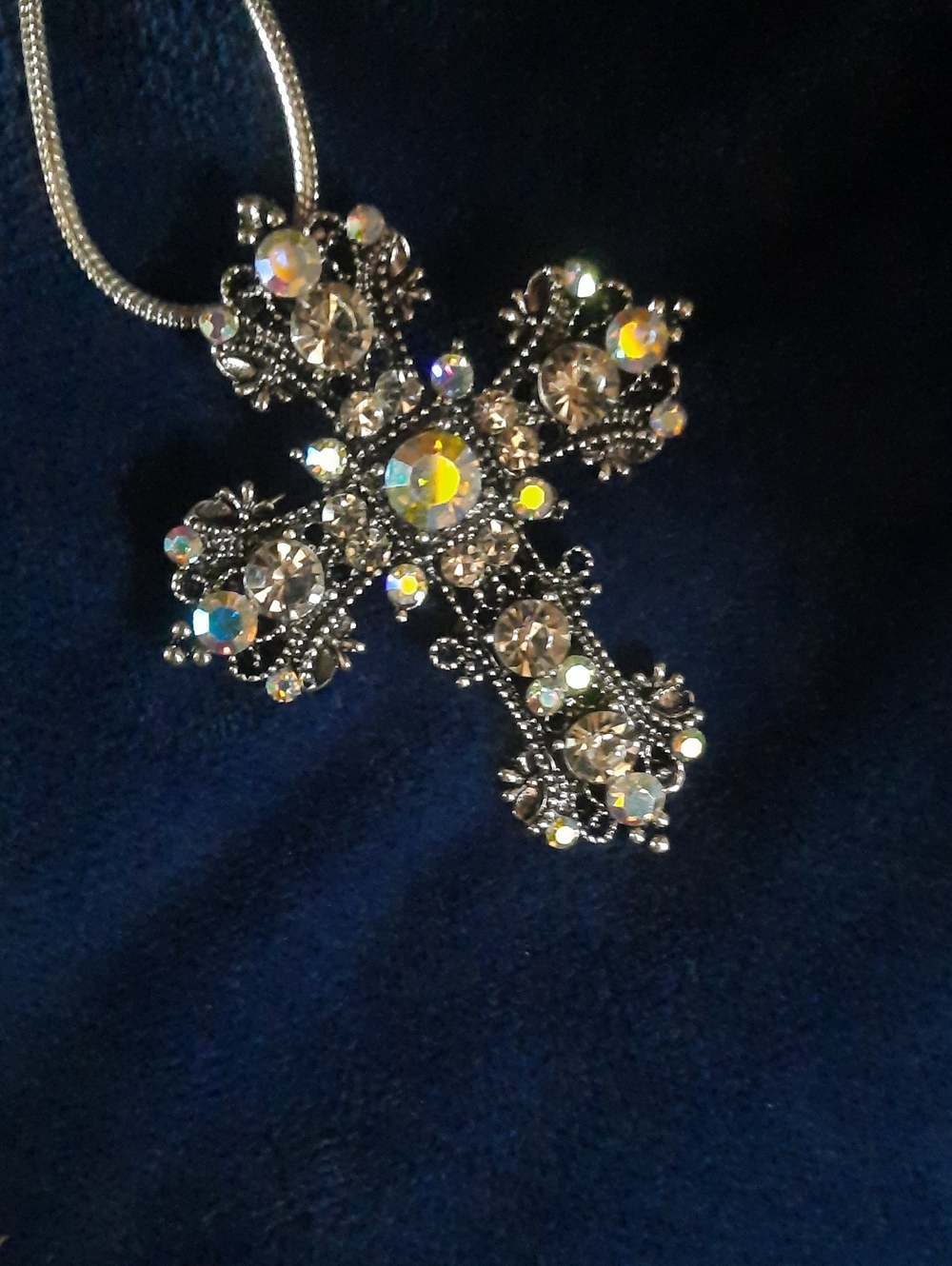 Rhinestone Cross Pendant Necklace - Silver-tone with Clear Crystal Accents